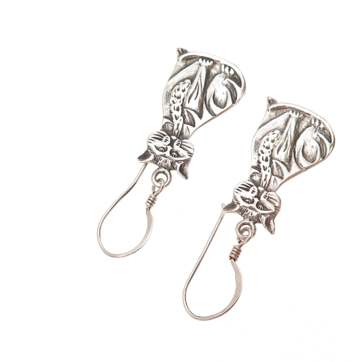 925 Sterling Silver Vintage Cat Oxidized Dangle Earrings