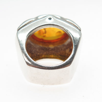 DOUG PAULUS 925 Sterling Silver Vintage Real Amber Modernist Sun Ring Size 7.75