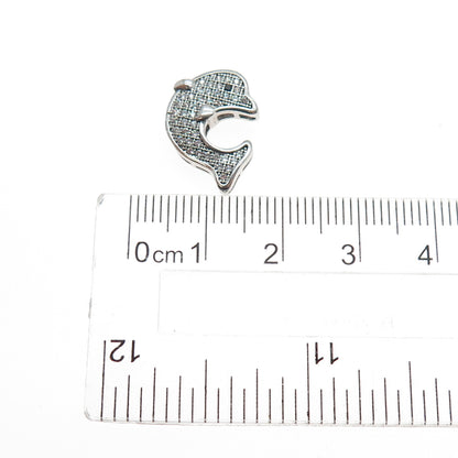 925 Sterling Silver Round-Cut Black & White C Z Dolphin Mini Slide Charm Pendant