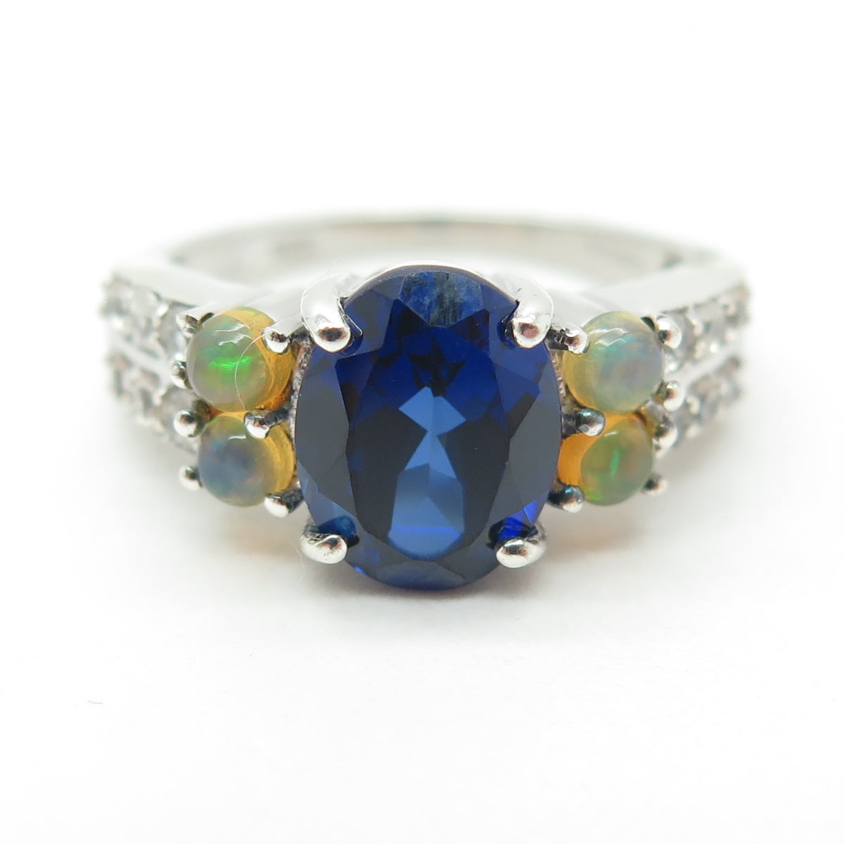 925 Sterling Silver Lab-Created Sapphire Real Opal & White Topaz Ring Size 8.75