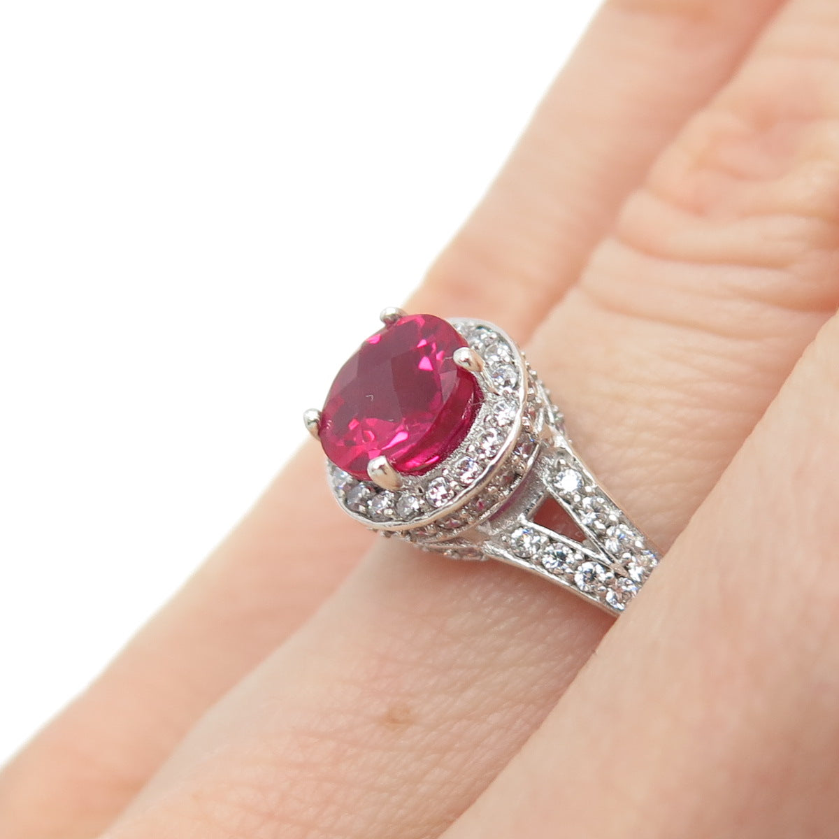 925 Sterling Silver Round-Cut Lab-Created Ruby & C Z Ring Size 5