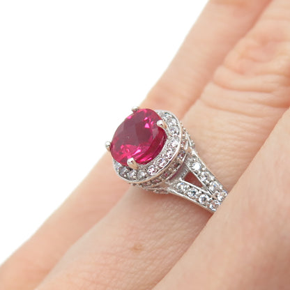 925 Sterling Silver Round-Cut Lab-Created Ruby & C Z Ring Size 5