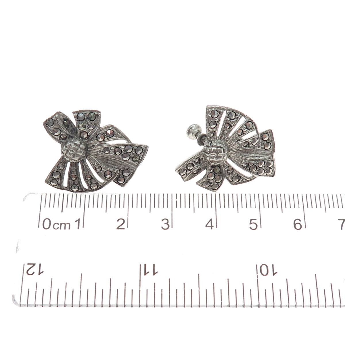 925 Sterling Silver Antique Art Deco Real Marcasite Bow Screw Back Earrings