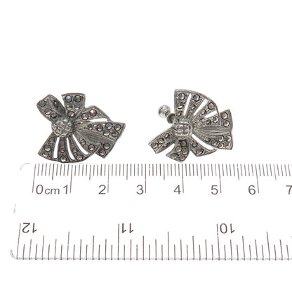 925 Sterling Silver Antique Art Deco Real Marcasite Bow Screw Back Earrings