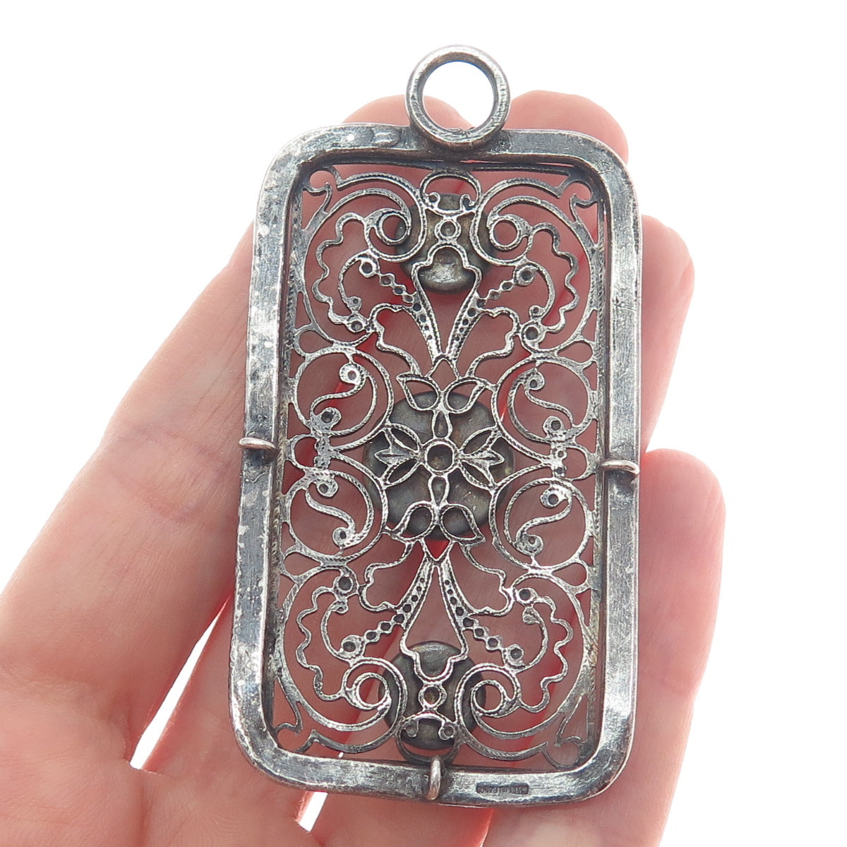 800 Silver Antique France Canary & Pink Rhinestone Filigree Oxidized Pendant