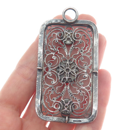 800 Silver Antique France Canary & Pink Rhinestone Filigree Oxidized Pendant