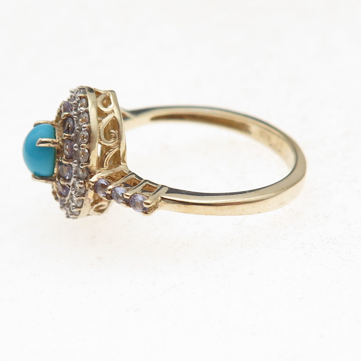 Chuck Clemency 925 Sterling Gold Plated Turquoise Tanzanite & Topaz Ring Size 8