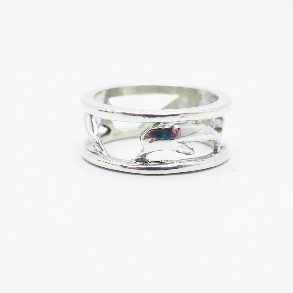 925 Sterling Silver Vintage Friendly Dolphin Open Band Ring Size 6