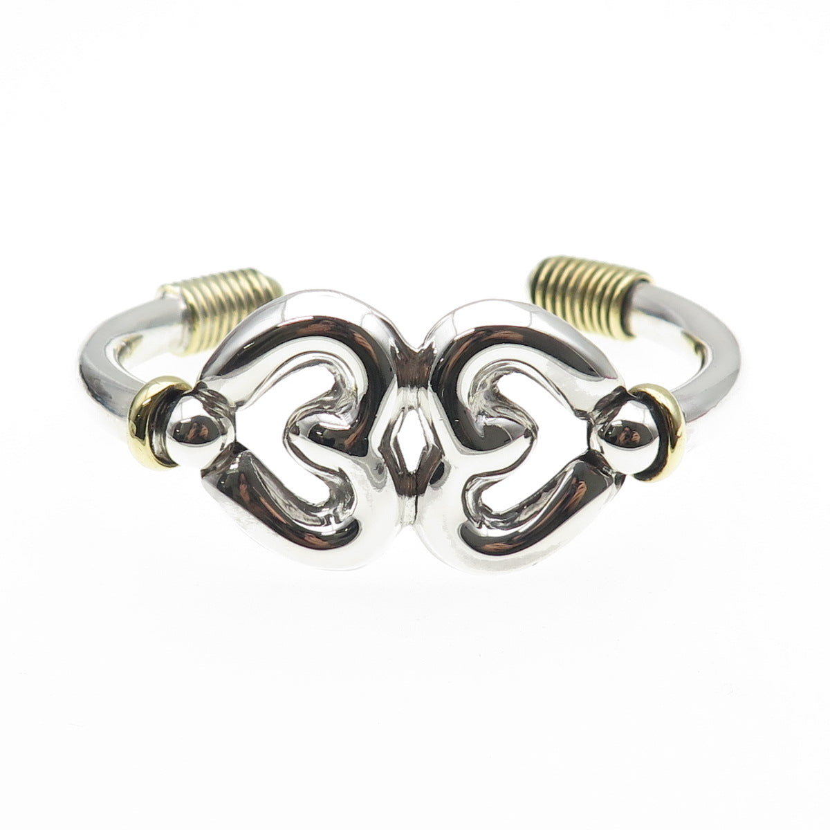 925 Sterling 2-Tone Vintage Mexico Modernist Heart Adjustable Bracelet 6.5"