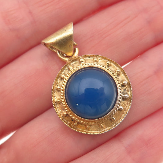 925 Sterling Silver Gold Filled Vintage Real Blue Chalcedony Charm Pendant