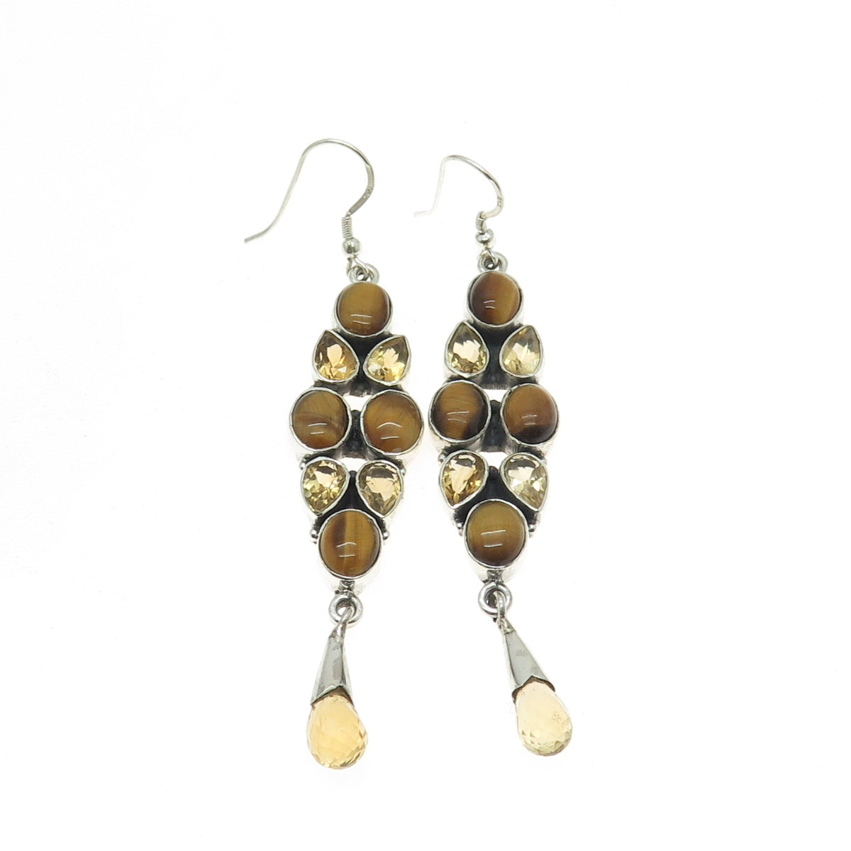 925 Sterling Silver Vintage Real Tiger Eye & Citrine Dangling Earrings