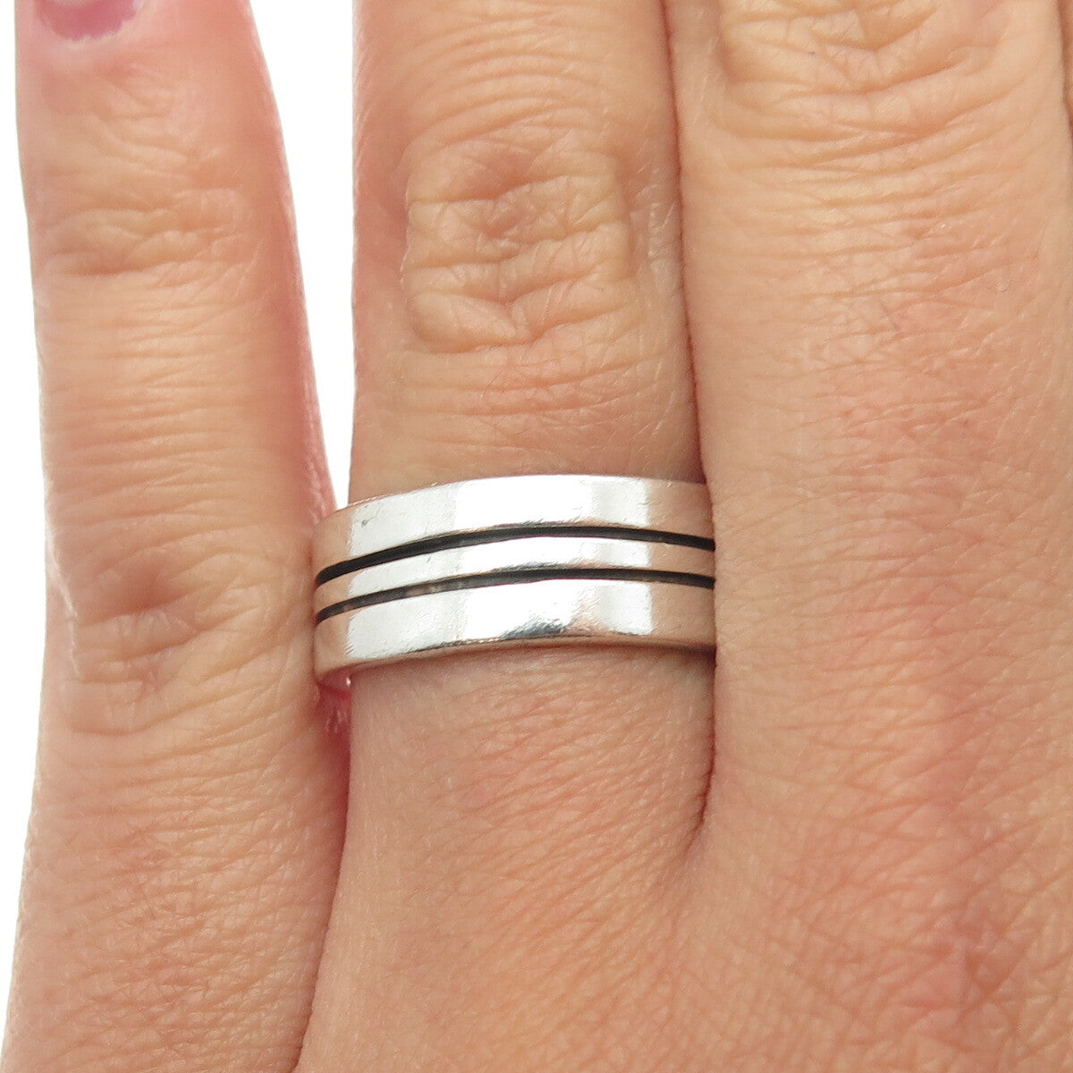 925 Sterling Silver Vintage Mexico Lined All Around Band Ring Size 7
