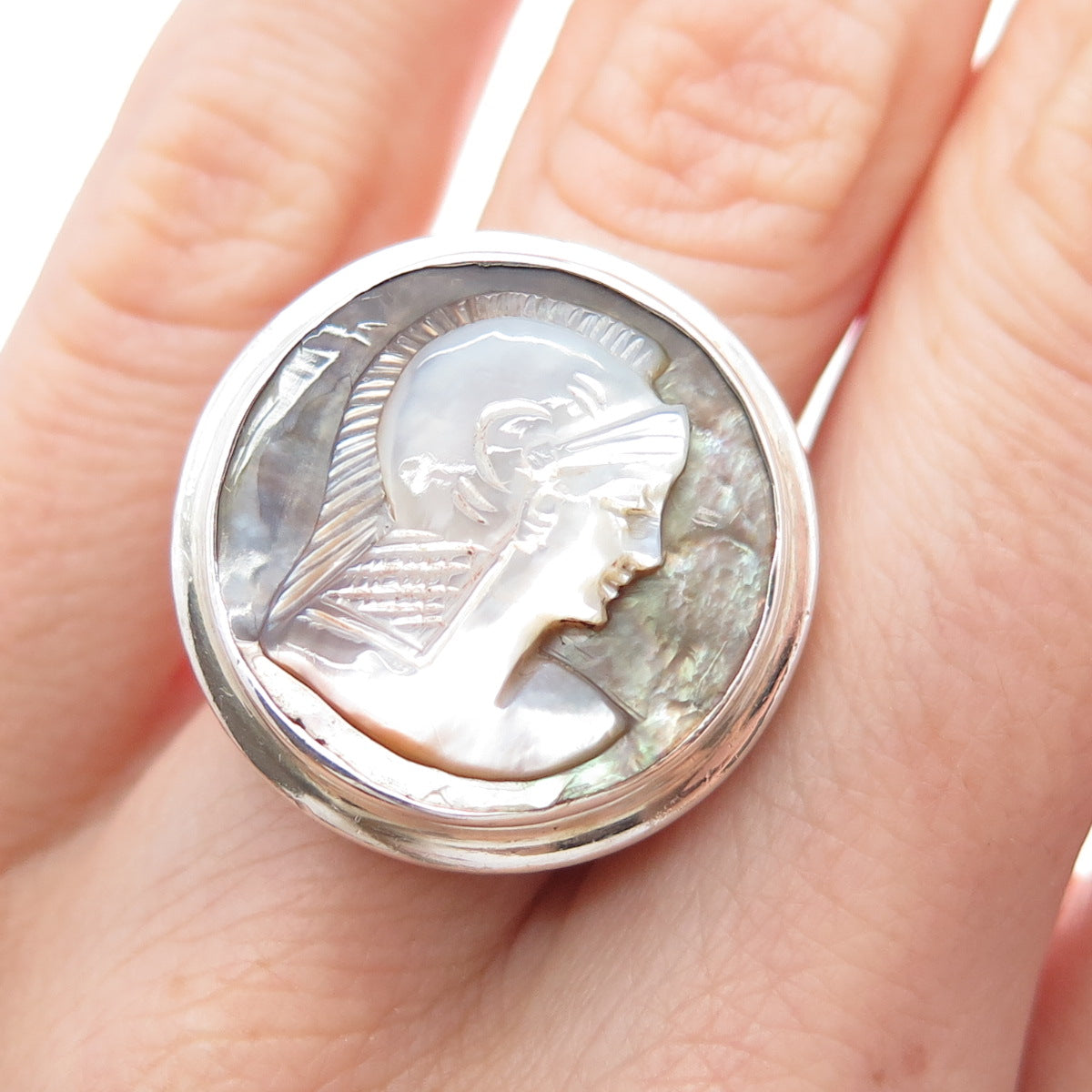 925 Sterling Silver Vintage Real MOP Carved Athena Goddess Cameo Ring Size 5
