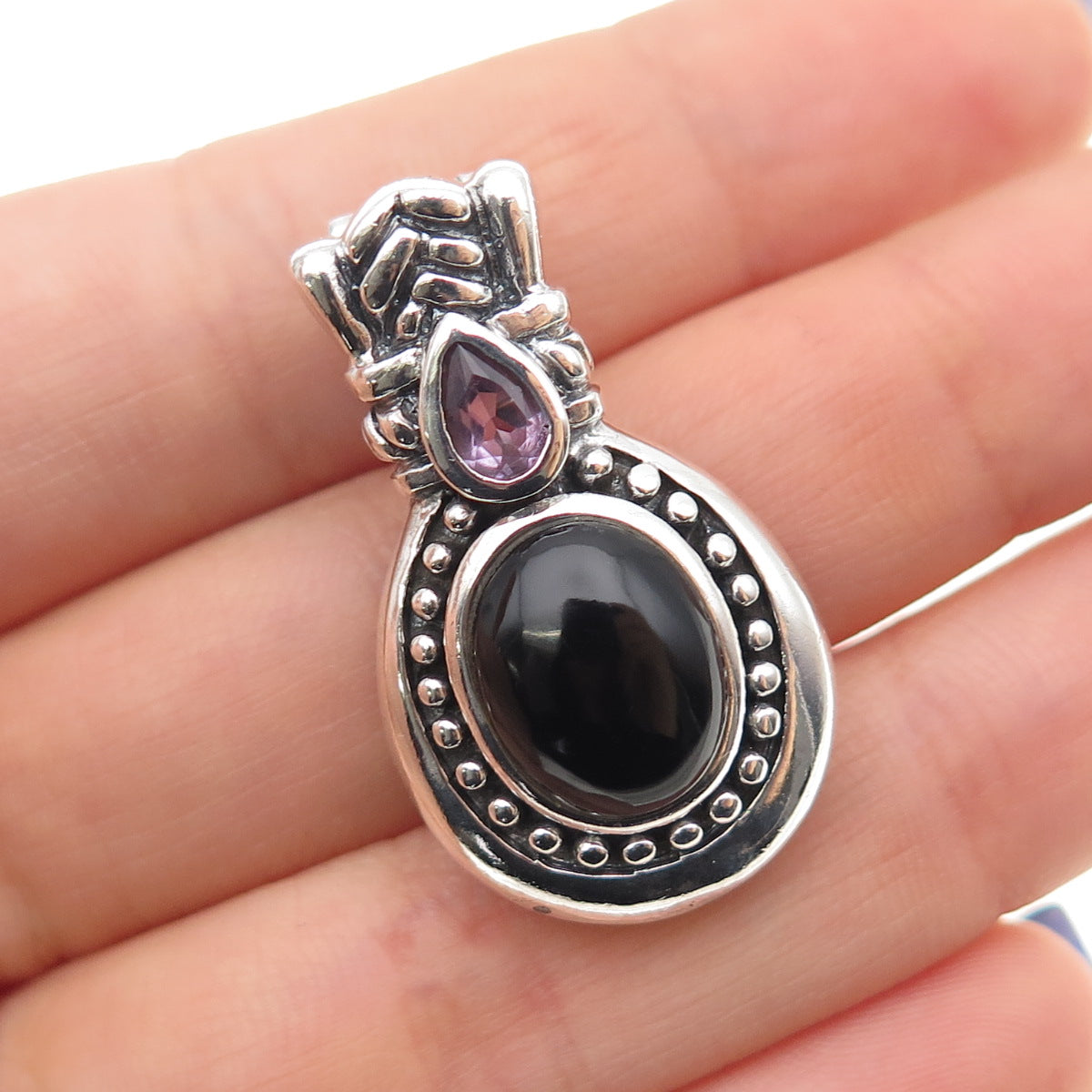 925 Sterling Silver Vintage Real Black Onyx & Amethyst Oxidized Charm Pendant