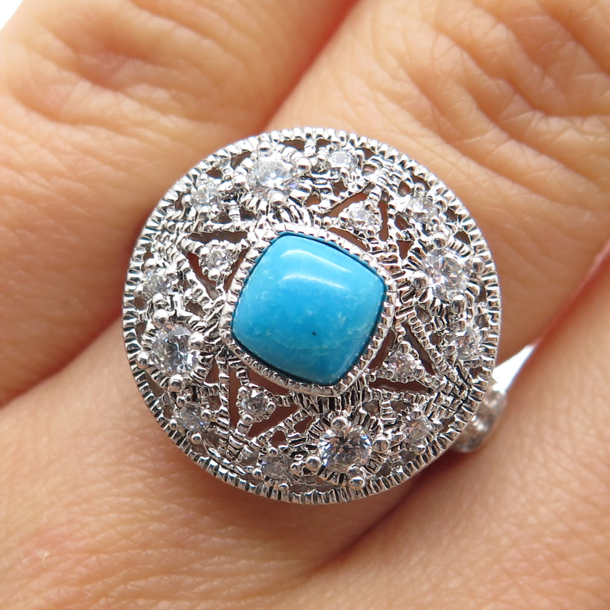 ROSS SIMONS 925 Sterling Silver Real Turquoise & Round-Cut C Z Ring Size 6.25