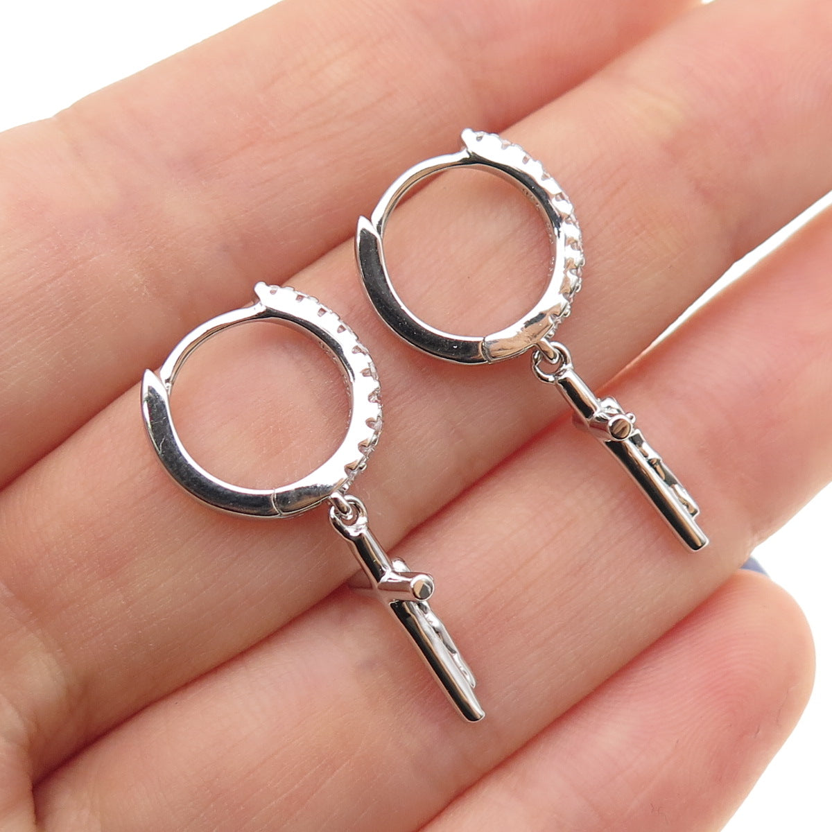 925 Sterling Silver Round-Cut C Z Crucifix Cross Dangle Hoop Earrings