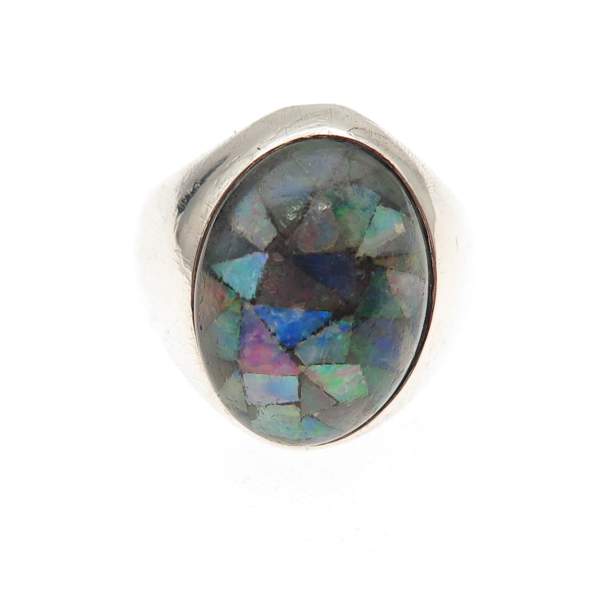 925 Sterling Silver Vintage China Real Opal Inlay Oxidized Ring Size 7.5