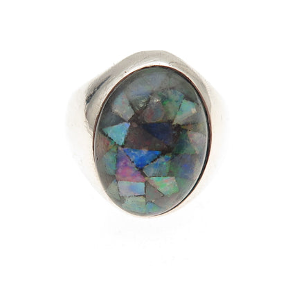 925 Sterling Silver Vintage China Real Opal Inlay Oxidized Ring Size 7.5