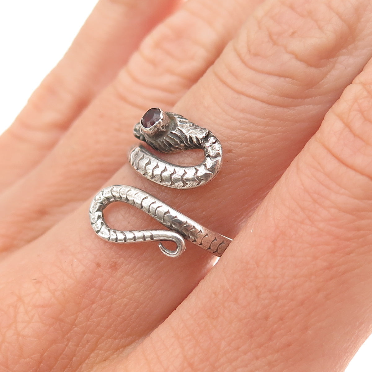 925 Sterling Silver Vintage Real Garnet Snake Oxidized Adjustable Ring Size 9