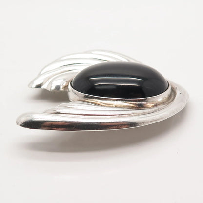 925 Sterling Silver Vintage Mexico Real Black Gem Ribbed Modernist Pin Brooch
