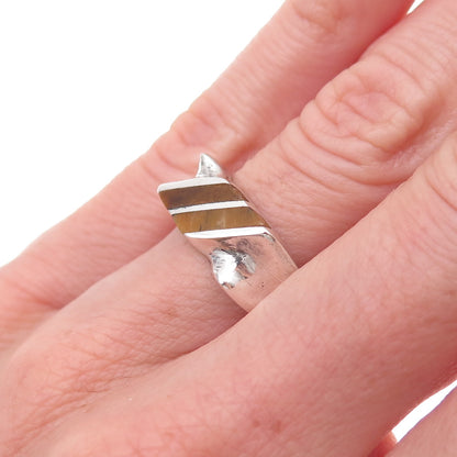 925 Sterling Silver Vintage Mexico Real Tiger Eye Modernist Oxidized Ring Size 6