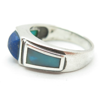 925 Sterling Silver Vintage Real Turquoise & Lapis Lazuli Ring Size 8.25