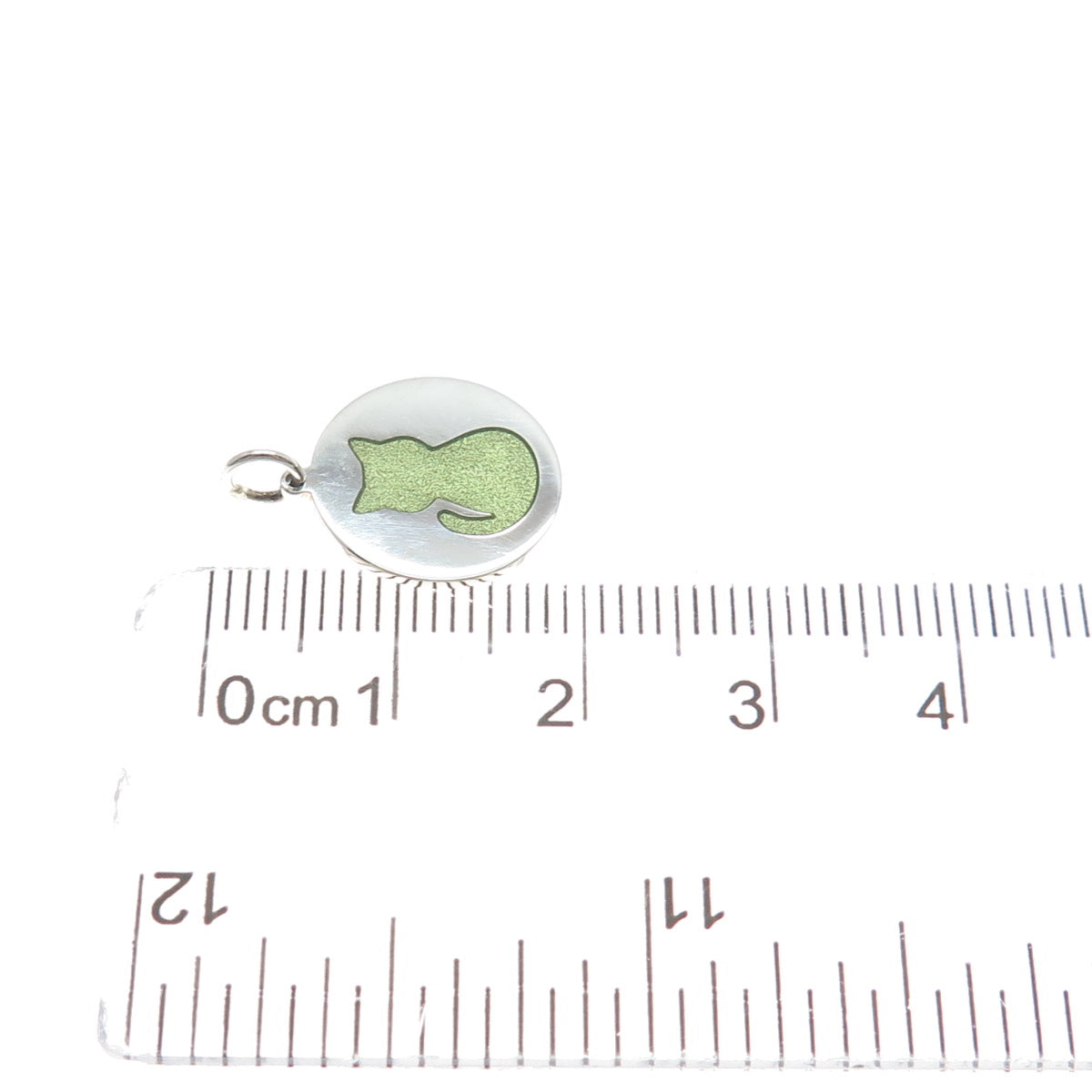 925 Sterling Silver Green Enamel Cat Round Tag Minimalist Charm Pendant