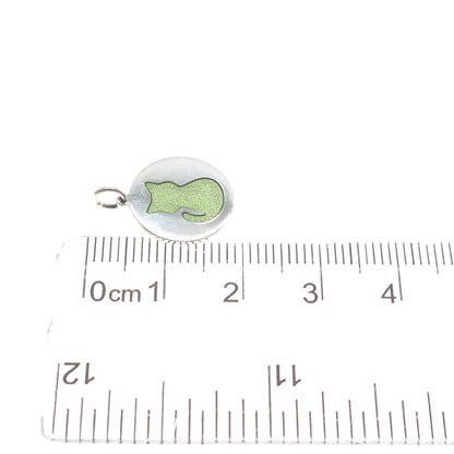 925 Sterling Silver Green Enamel Cat Round Tag Minimalist Charm Pendant