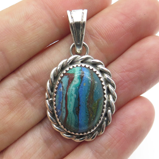 Old Pawn Sterling Silver Vintage Southwestern Rainbow Calsilica Roped Pendant