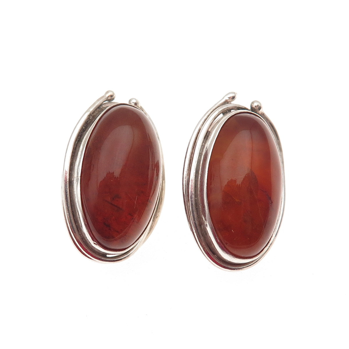 925 Sterling Silver Vintage Real Amber Modernist Clip On Earrings