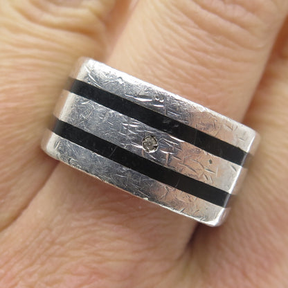 HD/N 925 Sterling Silver Vintage Real Diamond & Black Onyx Ring Size 11.25