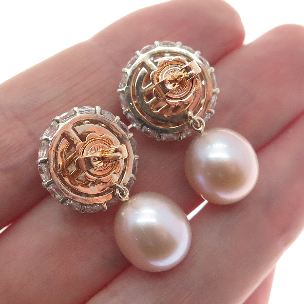MIMI 925 Sterling Silver & 18K Gold Push Backs Italy Real Pearl & Topaz Earrings