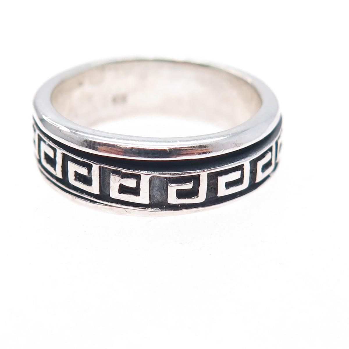 925 Sterling Silver Vintage Greek Key Rotating Band Oxidized Ring Size 9