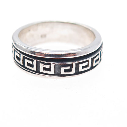 925 Sterling Silver Vintage Greek Key Rotating Band Oxidized Ring Size 9