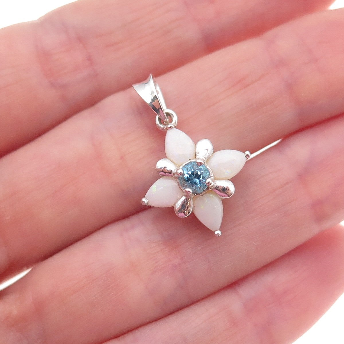 Pranda 925 Sterling Silver Vintage Real Blue Topaz & Opal Floral Charm Pendant