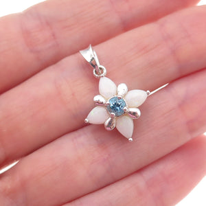 Pranda 925 Sterling Silver Vintage Real Blue Topaz & Opal Floral Charm Pendant