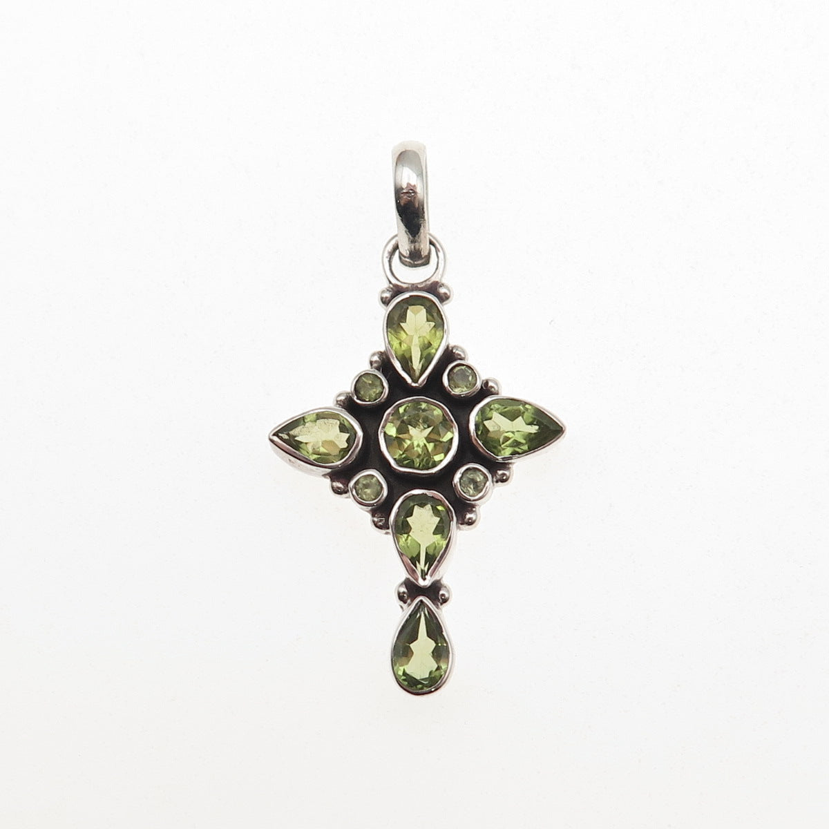 925 Sterling Silver Vintage Real Peridot Cross Cluster Charm Pendant