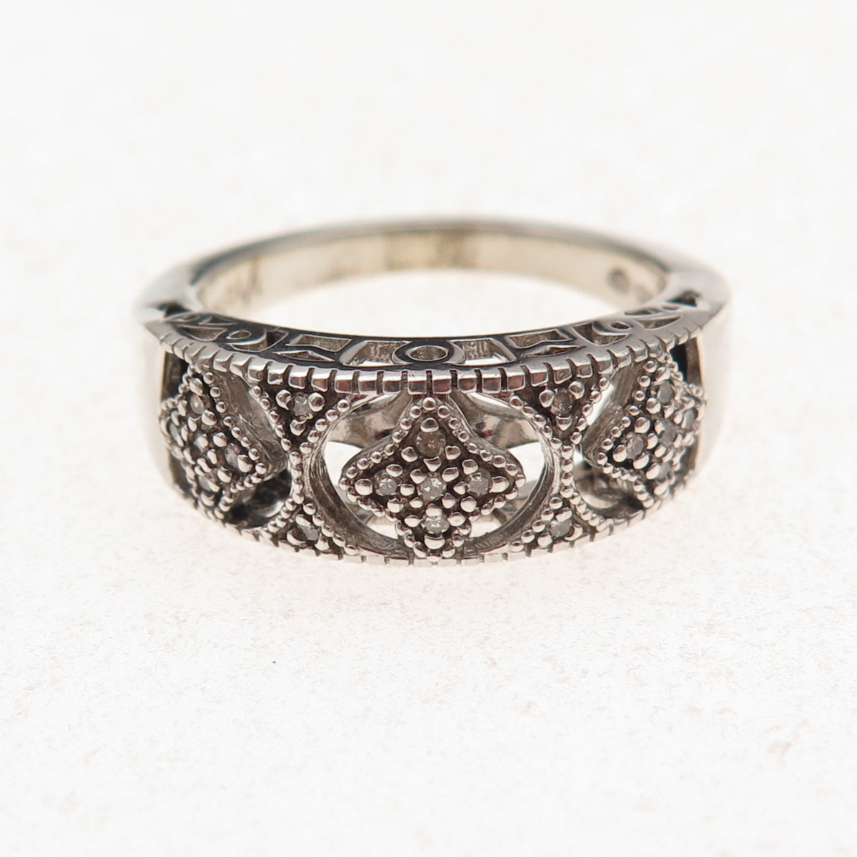 Heng Ngai 925 Sterling Silver Real Diamond 1/10 TW Floral Ring Size 9