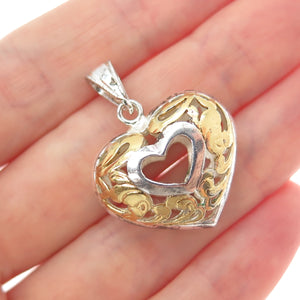 925 Sterling Silver 2-Tone Vintage Ornate Heart Charm Pendant