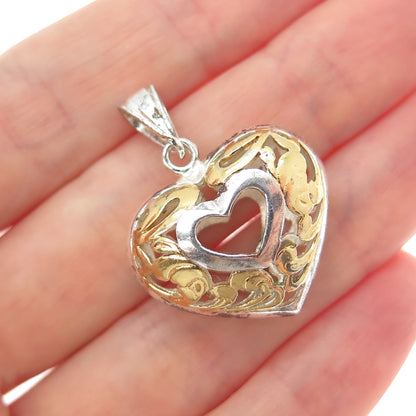 925 Sterling Silver 2-Tone Vintage Ornate Heart Charm Pendant