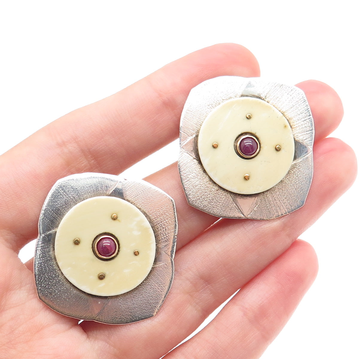 925 Sterling Silver & 14K Yellow Gold Vintage Real Ruby Modernist Earrings