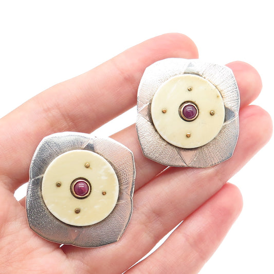 925 Sterling Silver & 14K Yellow Gold Vintage Real Ruby Modernist Earrings