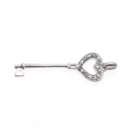 925 Sterling Silver Real Round-Cut Diamond Heart Key Charm Pendant