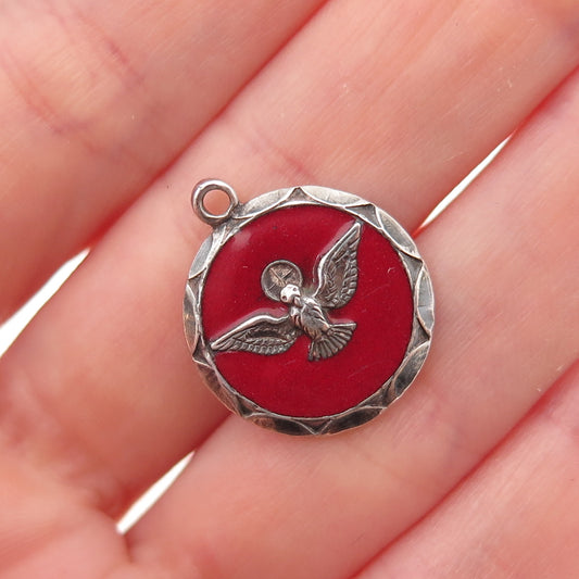 925 Sterling Silver Antique Art Deco Enamel Holy Spirit Oxidized Charm Pendant