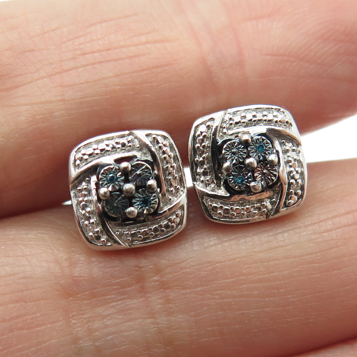 JANE SEYMOUR 925 Sterling Silver Real Blue & White Diamond Cushion Stud Earrings