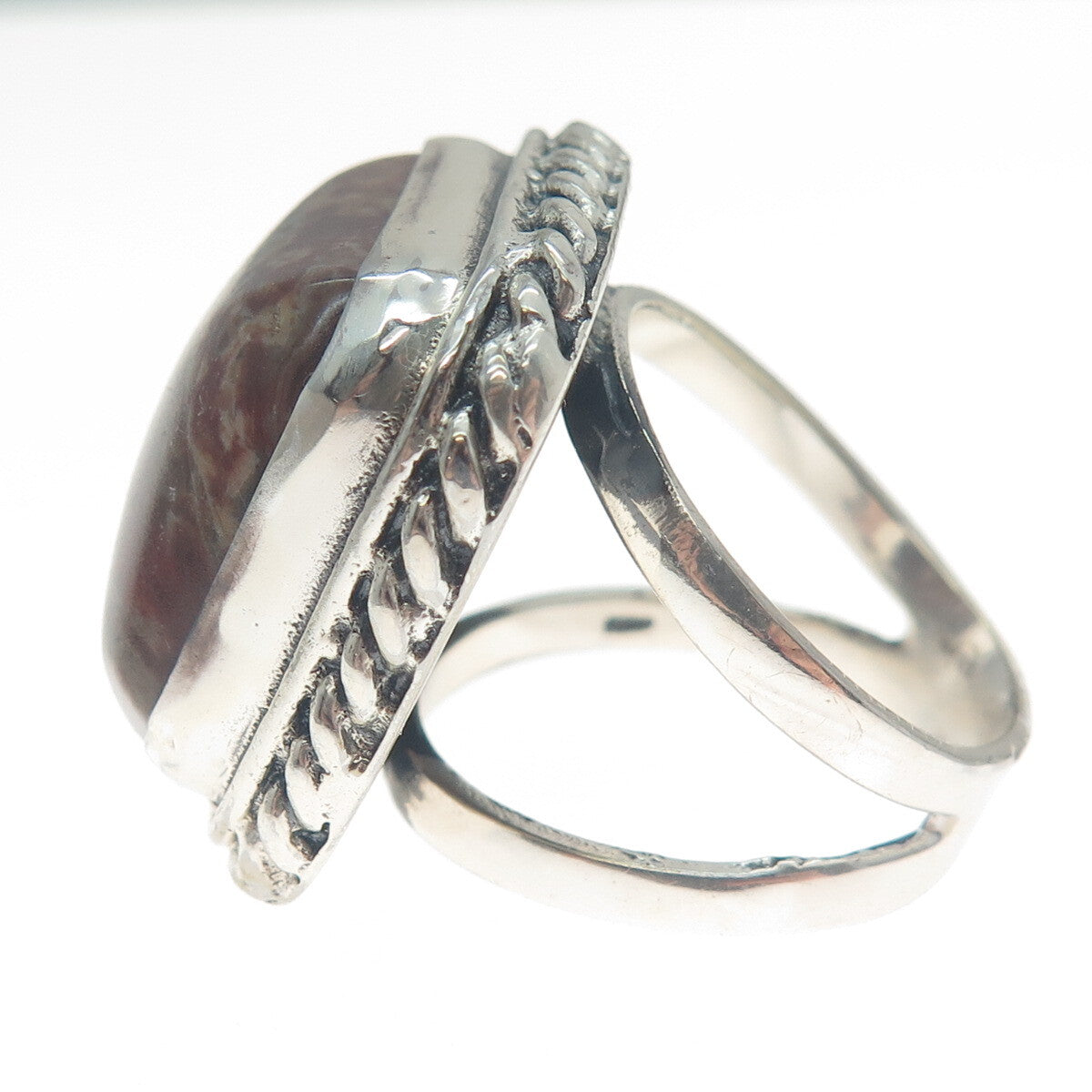 925 Sterling Silver Vintage Real Jasper Twisted Bezel Oxidized Ring Size 8