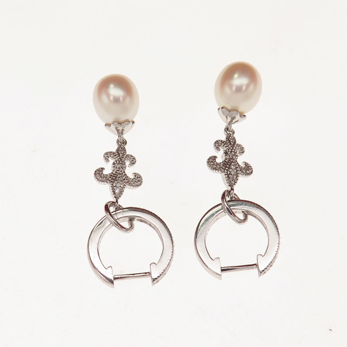 925 Sterling Silver Real Diamond & Pearl Fleur de Lis Charm Hoop Earrings