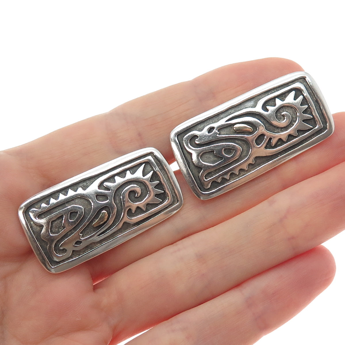 Old Pawn Sterling Silver Vintage Southwestern Tribal Symbol Oxidized Cufflinks