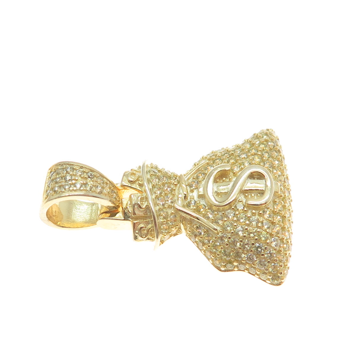 925 Sterling Silver Gold Plated C Z Dollar Sign Money Bag Pendant