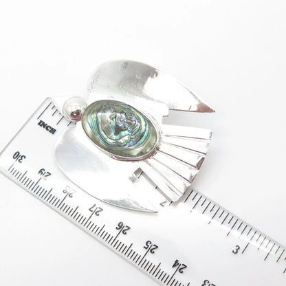 925 Sterling Silver Vintage Mexico Real Cabochon Abalone Shell Bird Pin Brooch